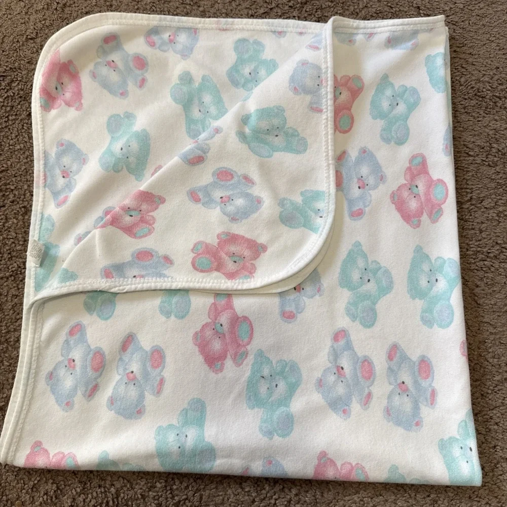 Carters White Blue Green Pink Teddy Bear Baby Blanket Cotton Pastel Vintage 90's